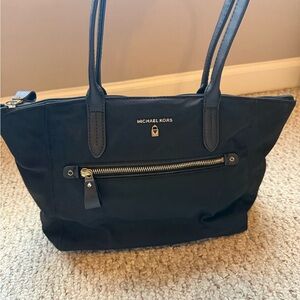 Navy Blue Canvas Tote with Leather Handles and Gold Hardware